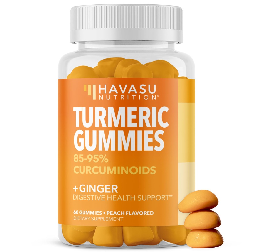 Kurkuma Gummies met gember en 95% Curcuminoïden - Digestieve Gezondheid en Immuun Ondersteuning Supplement voor de algehele Wellness - 60 Tellen - Veganistisch, Niet-GMO Curcumin Vitamine - Perzik smaak, 1 Maand Levering