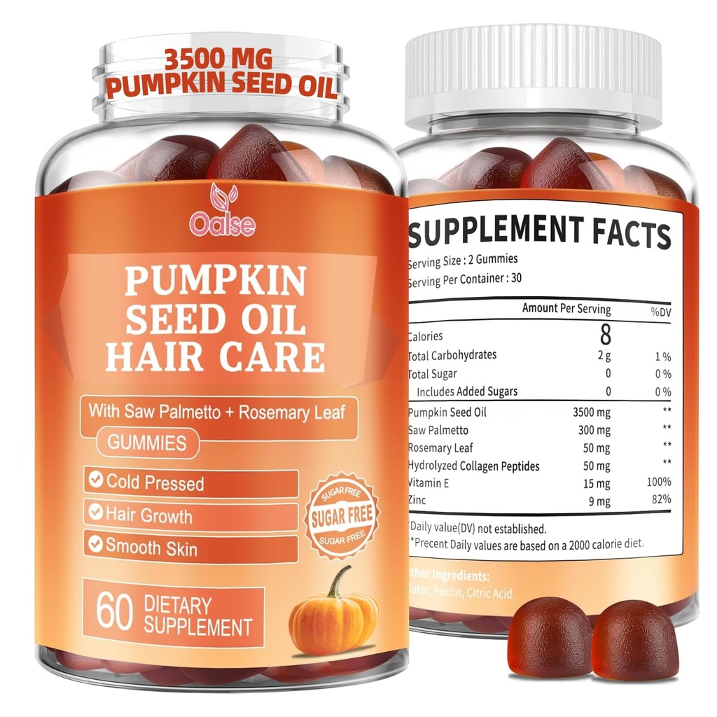 Pompoenzaadolie Gummies, 3500mg per portie, koud geperst, met Saw Palmetto, Rosemary Leaf, Zink, Gehydrolyseerde Collageen Peptiden, Pompoenzaadolie voor haargroei, Veganist, 60 Tellingen