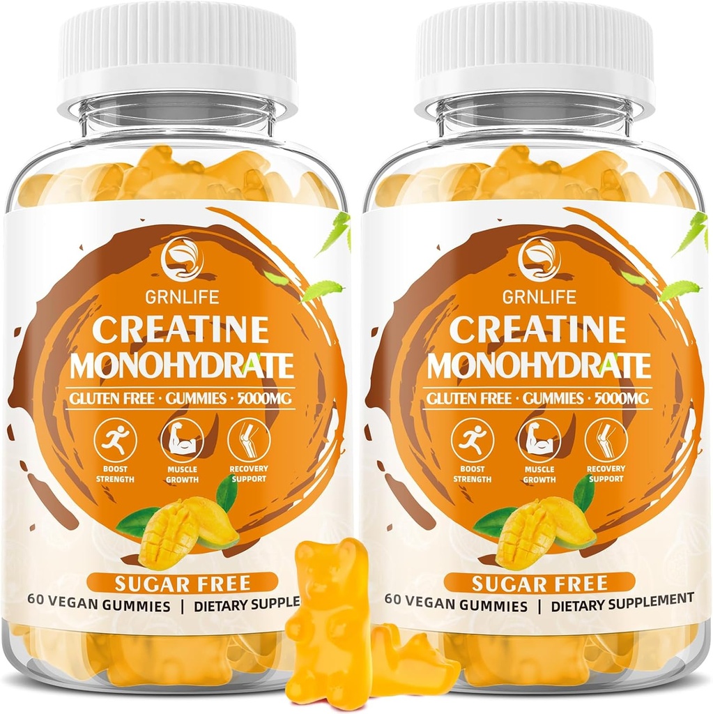 Creatine Monohydraat Gummy's voor mannen & vrouwen, Kauwtabletten Creatine Monohydraat voor spierkracht, spier Builder, Energie Boost, Suikervrij, Veganist, Mango smaak-120 Tellen
