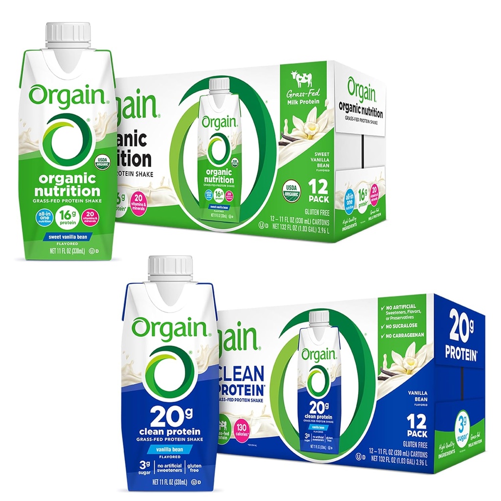 Orgain Proteïne Shakes Bundle - Gras Fed Whey en Melk Proteïne, Vanille smaak (12 Pack)