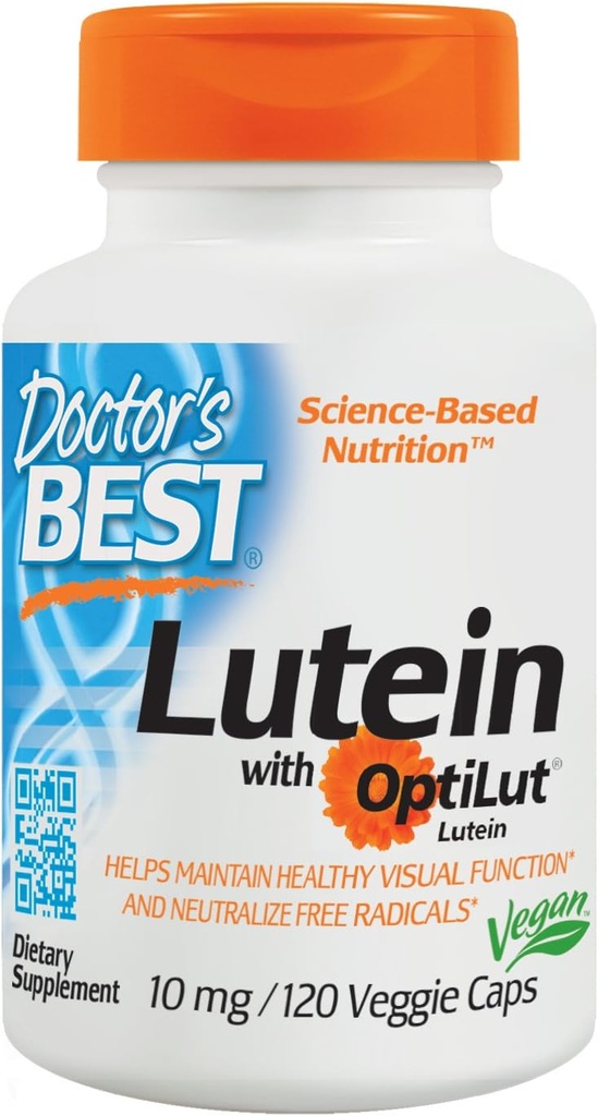 Doctor's Best Lutein met OptiLut, Non-GMO, Veganist, Glutenvrij, Sojavrij, Eye Health, 10 mg, 120 Veggie Caps