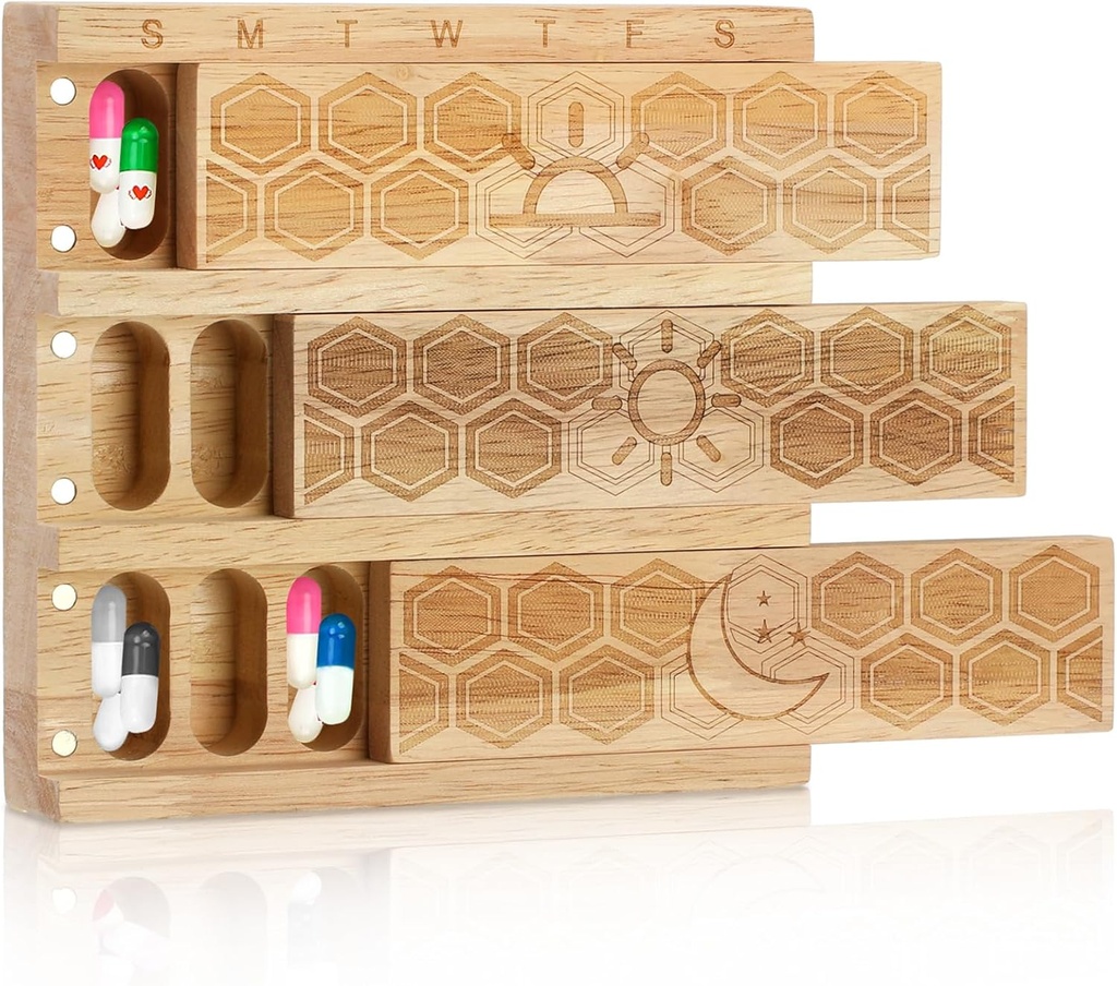 Hushee Wood Weekly pil Organizer 3 keer per dag 7 Dag Grote Medicine Box houder dagelijkse medicatie geval vitamine dispenser pil Sorter Fish Oil Containers voor wekelijkse supplementen buiten reizen