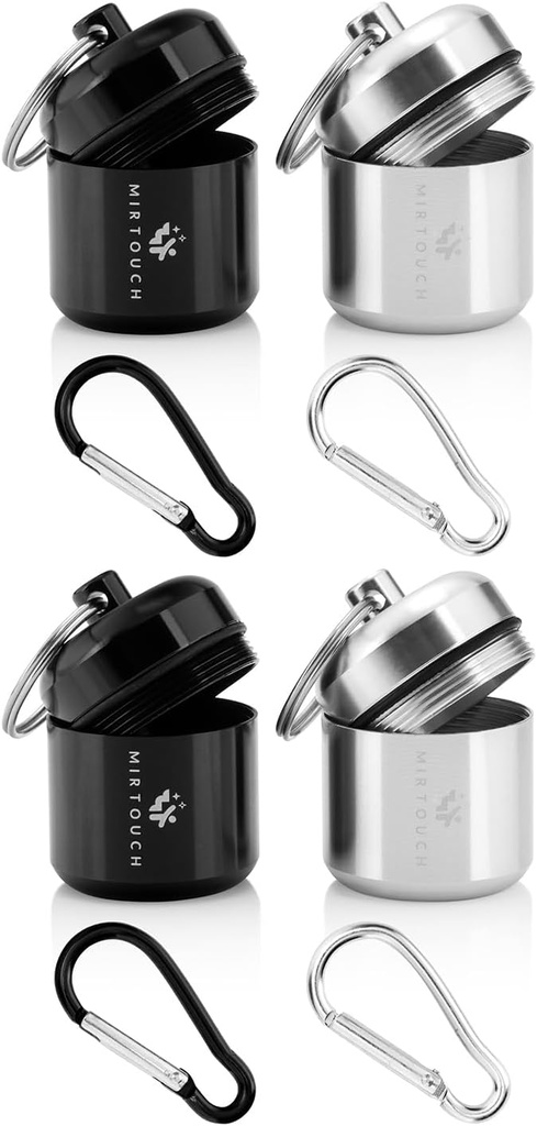 Draagbare sleutelhanger pil houder geval voor Ronde Glucose tabletten & kritische geneeskunde - Discrete waterdichte sleutelhanger pil container drager met sterke karabijnen - Aluminium Legering Pill Fob Box - 4 Pack