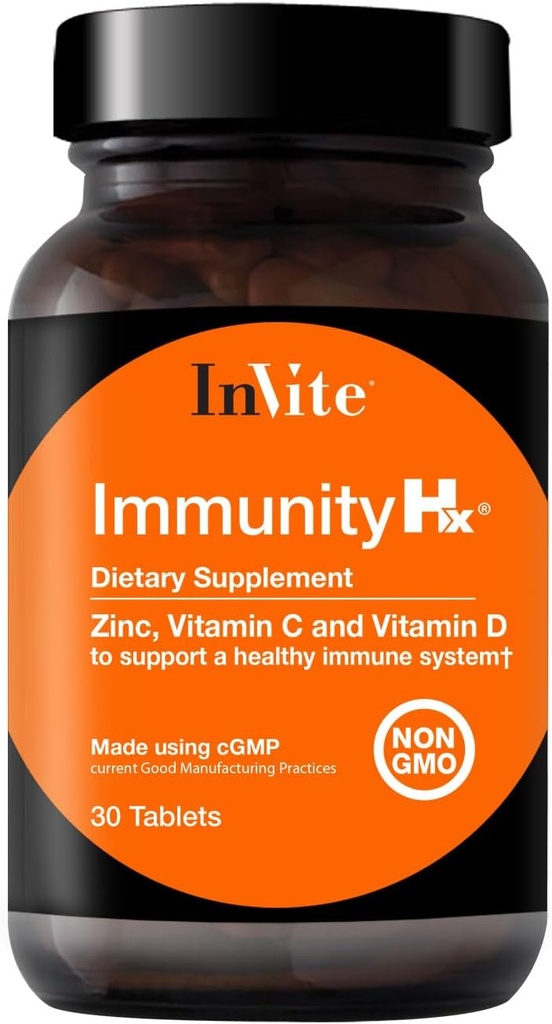 Invite Health Immunity Hx™ - Supports a Healthy Immune System - 500 mg of Vitamin C, 50 mcg (2000 IU) of Vitamin D3 and 30 mg of Zinc - 30 Tablets (2-Pack)