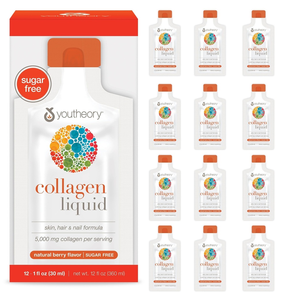 Youtheory Collagen Liquid - 5,000 mg Hydrolyzed Collagen Peptides - Supports Hair, Nail, Joint & Bone Health* - Berry Flavor - 1 oz Single Serve Packet, Pack of 12