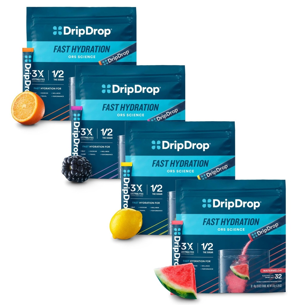 DripDrop Hydration - Electrolyte Powder Packets - Watermeloen, Berry, Citroen, Oranje - Value Variety Bundle - 128 Tel.