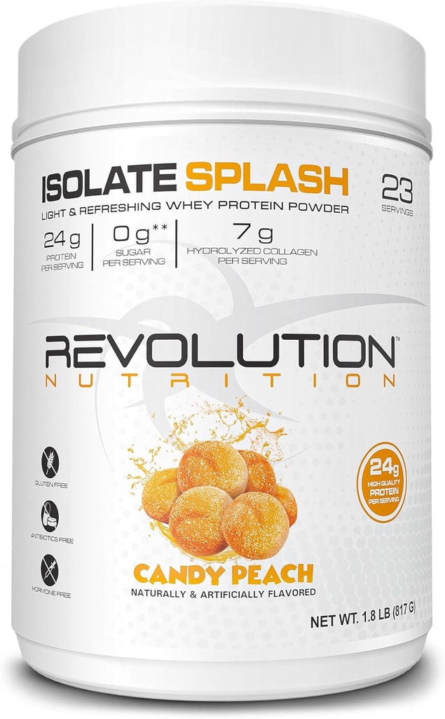 Revolution Nutrition, Isolate Splash, Clear Whey Protein Powder, Juice-Type Protein, Candy Flavour, Collageen, 24g eiwit per scoop, Zero Sugar, 817g, 23 Servers (Candy Peach, 1,8 pond)