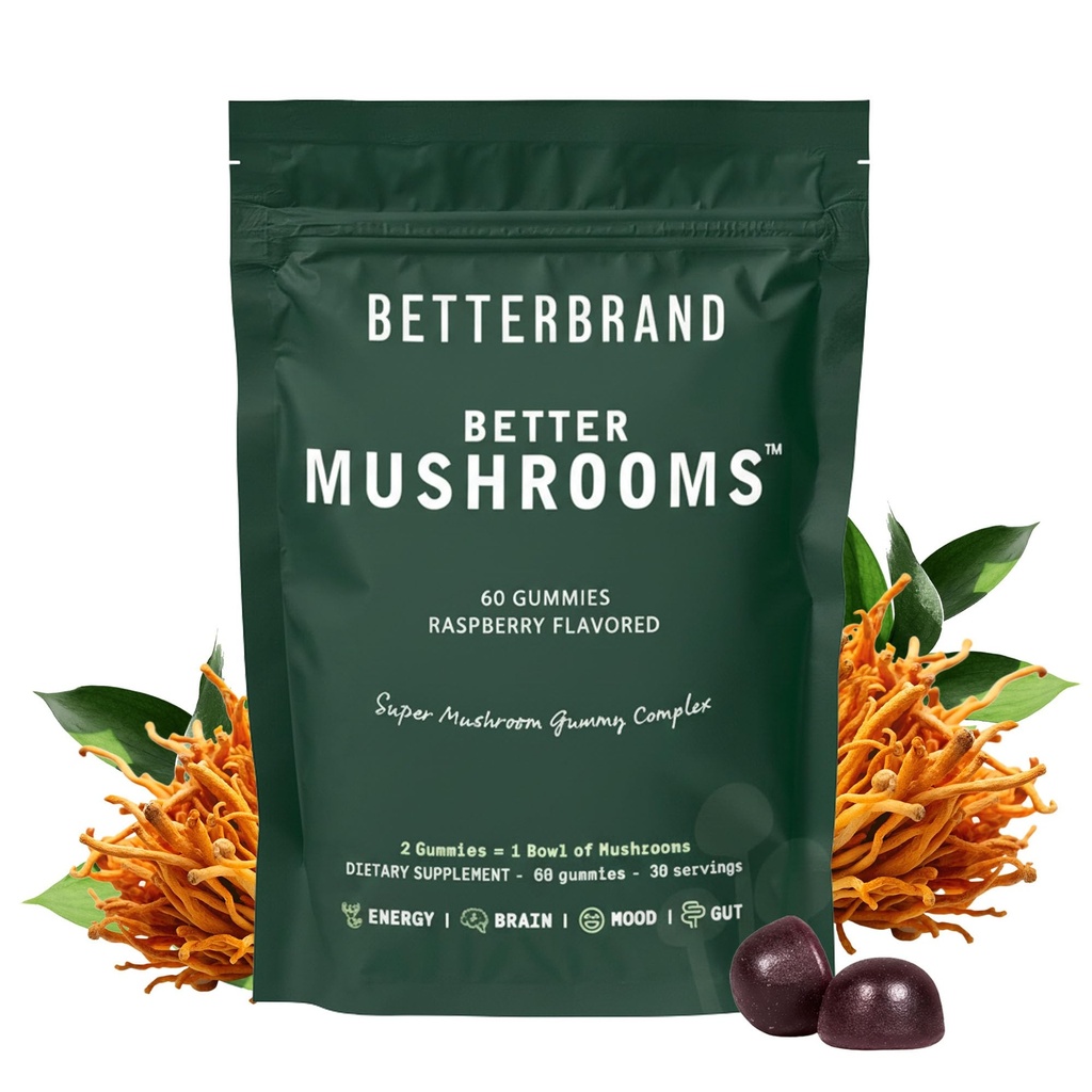 Betterbrand BetterMushrooms Nootropic Gummies - Ondersteunt Better Gut Health, Cognitive Functie, Geestelijke Helderheid met 10 Functionele Paddenstoelen - 60 Gummies - Raspberry Flavor - Pack of 1