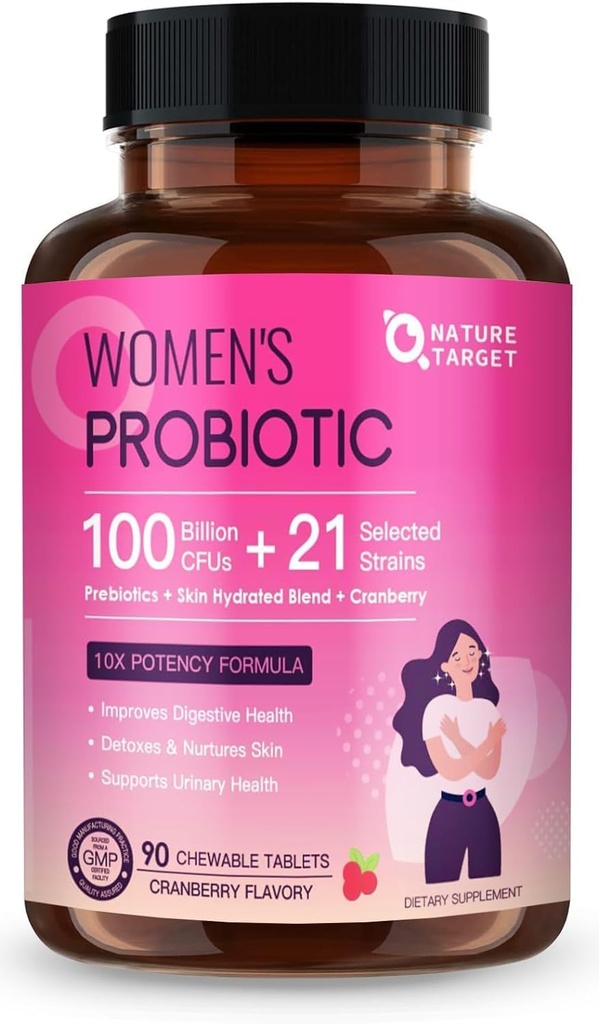 NATURE TARGET Probiotica voor vrouwen spijsverteringsgezondheid met 100 miljard CFU, Womens Probiotic for Gut Health & Immune Support, Huidverzorging, met Cranberry & D-mannose, 90 kauwtabletten (45 dagen levering)