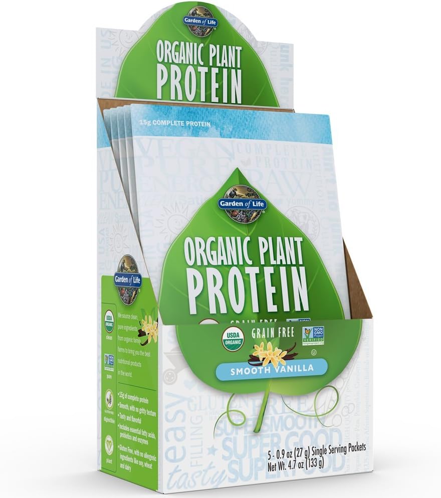 Tuin van het leven Biologische plantaardige proteïne Gladde vanillepoeder - Enkelvoudig serveren pakketten (5-pack) - Veganistisch, graanvrij en glutenvrij plantaardige eiwitten Schudden met 1B CFU Probiotica & Enzymen, 15g Proteïne