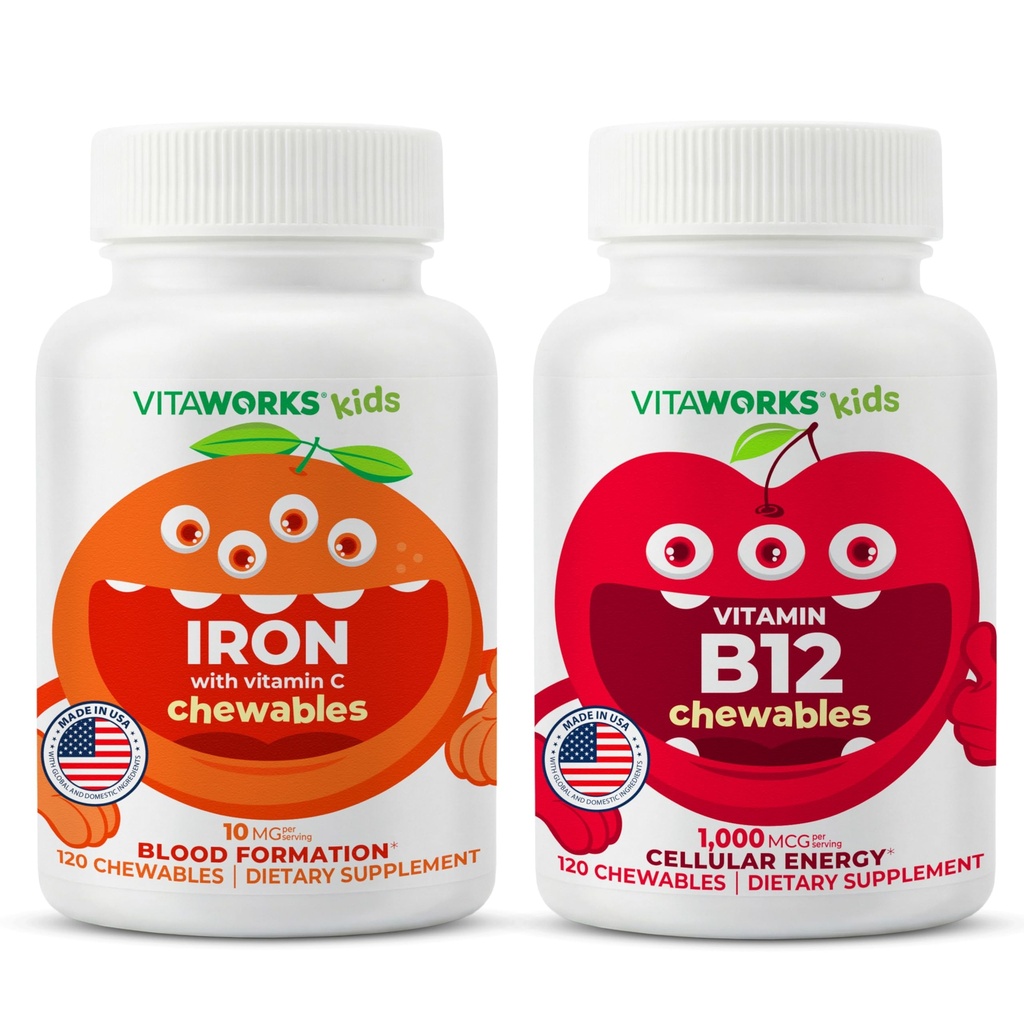 Kinderen IJzer 10mg + Vitamine C Kauwtabletten + Vitamine B12 Kauwtabletten Bundel
