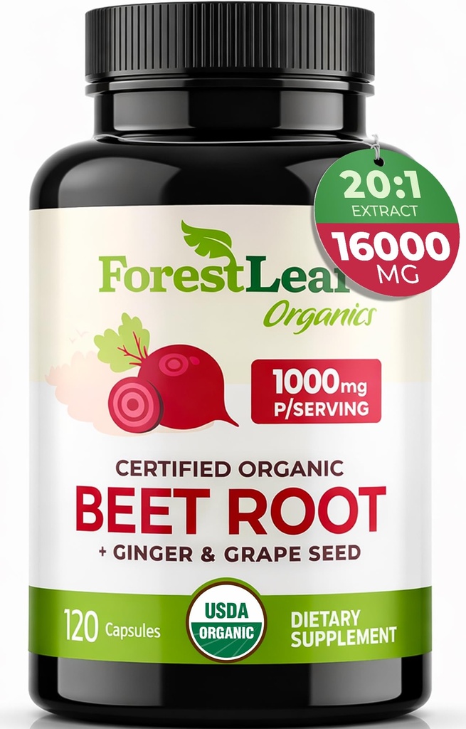 ForestLeaf Organic Beet Root Capsules - Rode bieten Supplement 16000mg Sterkte 20:1 Extract Pillen w/Ginger Grape Seed Ondersteuning Bloeddruk, Nitric Oxide, Stroom, Circulatie Beetpoeder - 120 Caps
