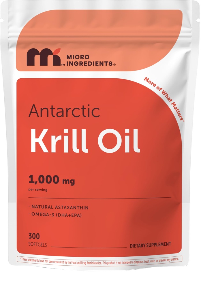 Micro-Ingrediënten Antarctische Krill Oil Supplement, 1000mg per portie, 300 Soft-Gels, rijk aan Omega-3s EPA, DHA & Natural Astaxanthine, ondersteunt Immune System & Brain Health, gemakkelijk te slikken