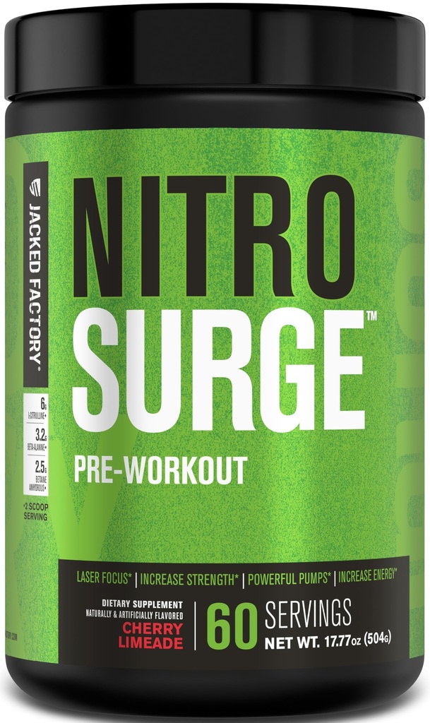 Jacked Factory NITROSURGE Pre workout supplement - eindeloze energie, instant kracht winsten, duidelijke focus, intense pompen - NO Booster en krachtige preworkout energiepoeder - 60 porties, Cherry Limeade