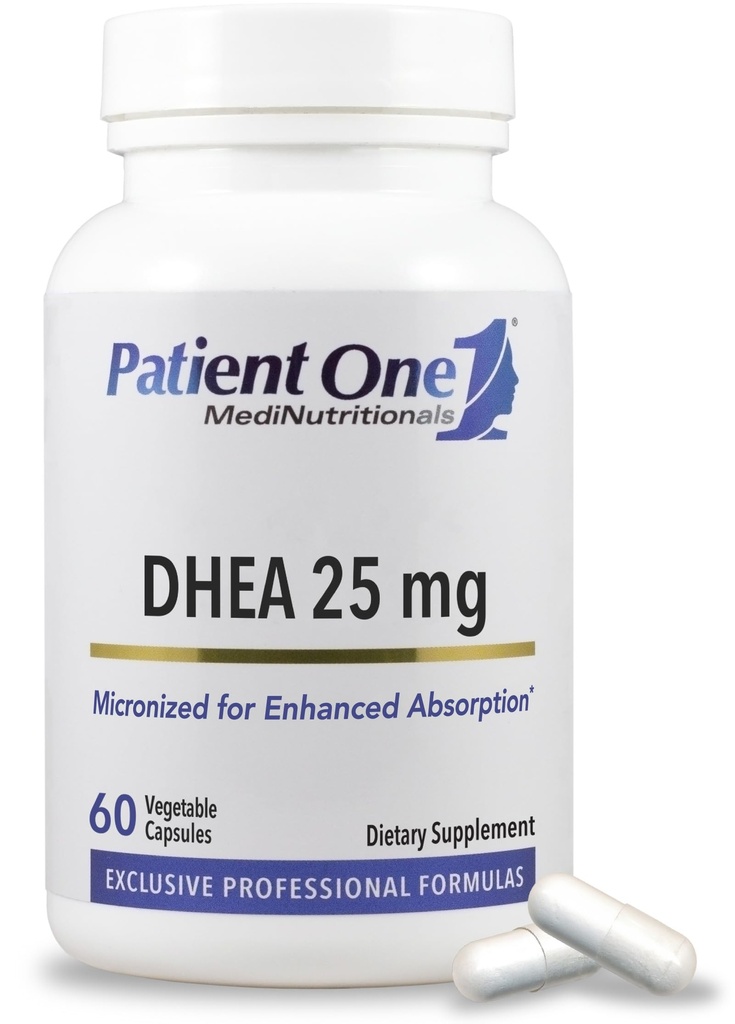 Patiënt One DHEA 25 mg Supplement ter ondersteuning van positieve stemming, energieniveaus, en energene gezondheid* Gemicroniseerd voor verbeterde absorptie 60 capsules