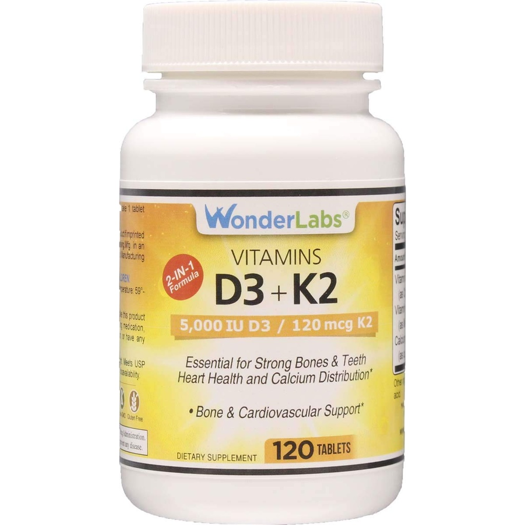 Wonder Laboratories Vitamin D 5,000 IU, Vitamin D3 + K2 Support a Healthy Immune System, Essential for Strong Bones, Heart Health, and Calcium Distribution, 120 Tablets
