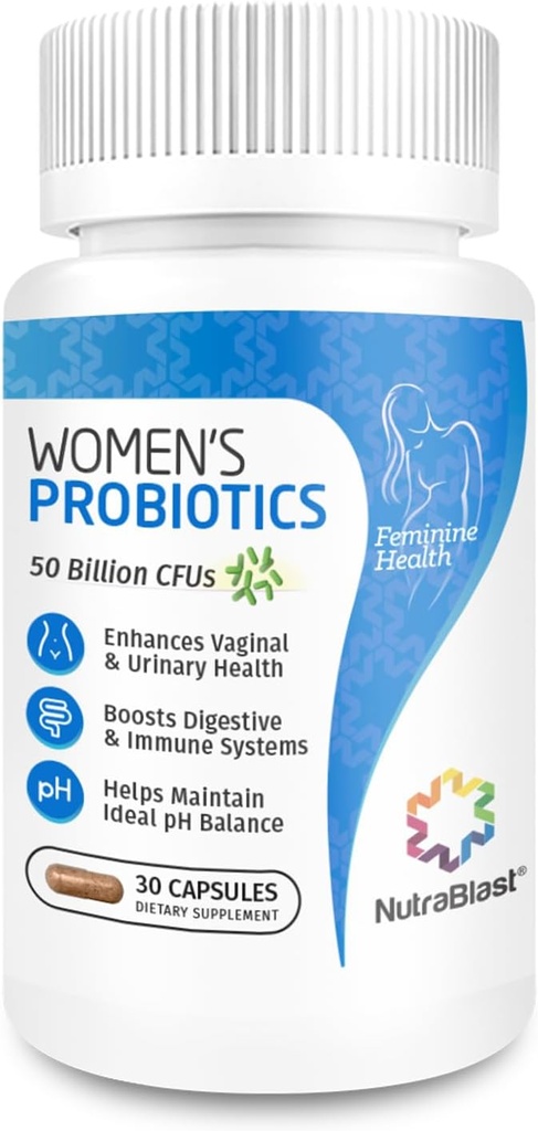 NutraBlast Vaginal Probiotics for Women Digestive, Intimate Balance, UT & Vaginal Health - 50 Billion CFU - 6 Strains, Prebiotics, Cranberry Extract & D Mannose - Womens Probiotic (30 Count)