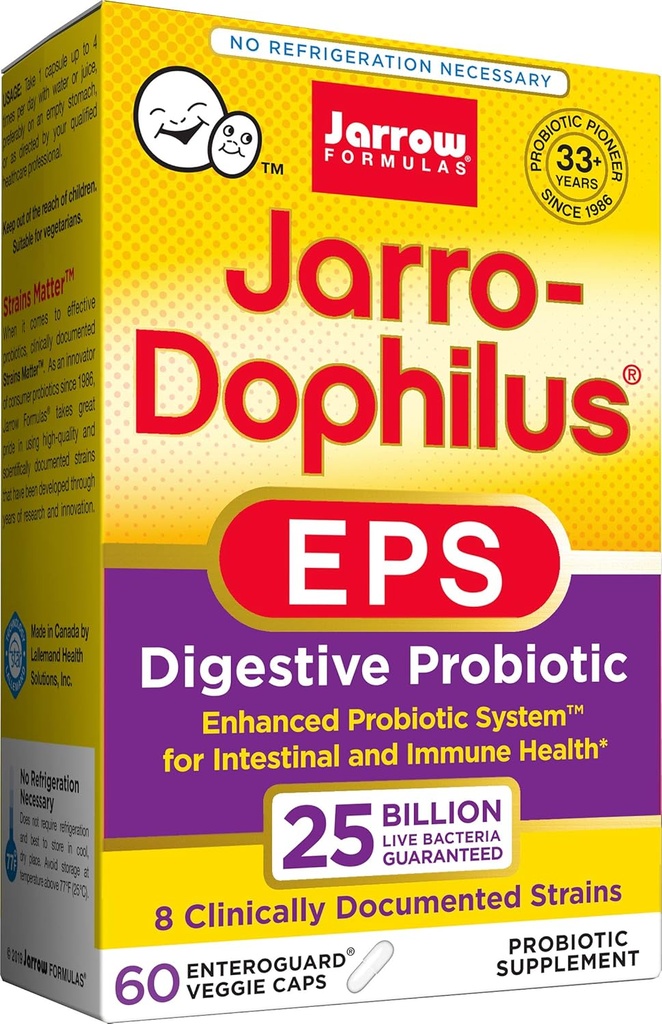Jarrow Formulas Jarro-Dophilus EPS Higher Potency, 25 Billion Cells Per Veggie Capsules, Supports Gastointestinal Health, 60 Count (Cool Ship, Pack of 2)