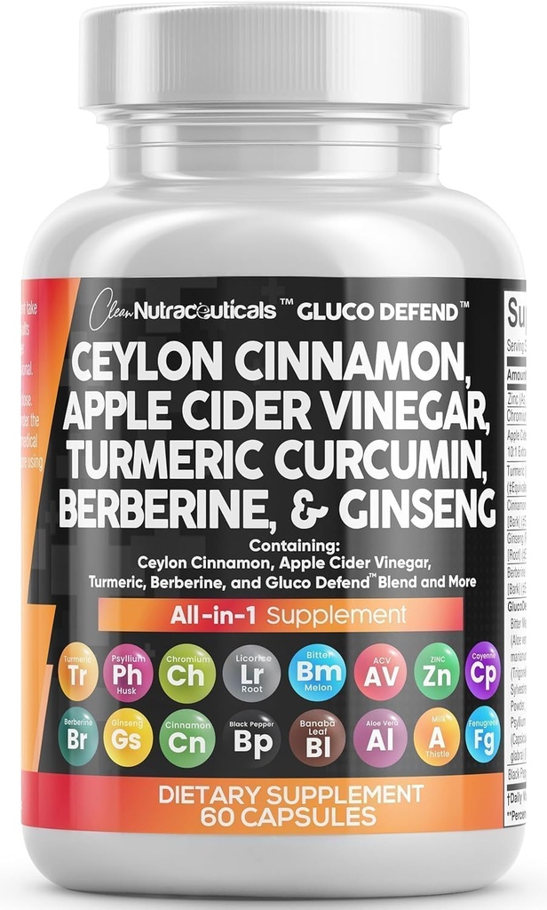 Clean Nutraceuticals Ceylon Kaneel Capsules + Berberine Kurkuma Apple Cider Vinegar Ginseng Bitter Meloen Gymnema Melk Thistle Fenegriek supplement Pillen Poeder voor mannen & vrouwen