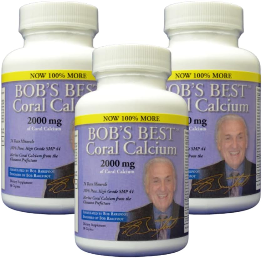 Bob's Beste Koraal Calcium 2000mg, 3 VERPAKKING van 90 Caplets NIEUWE VERBETERDE VORMING!