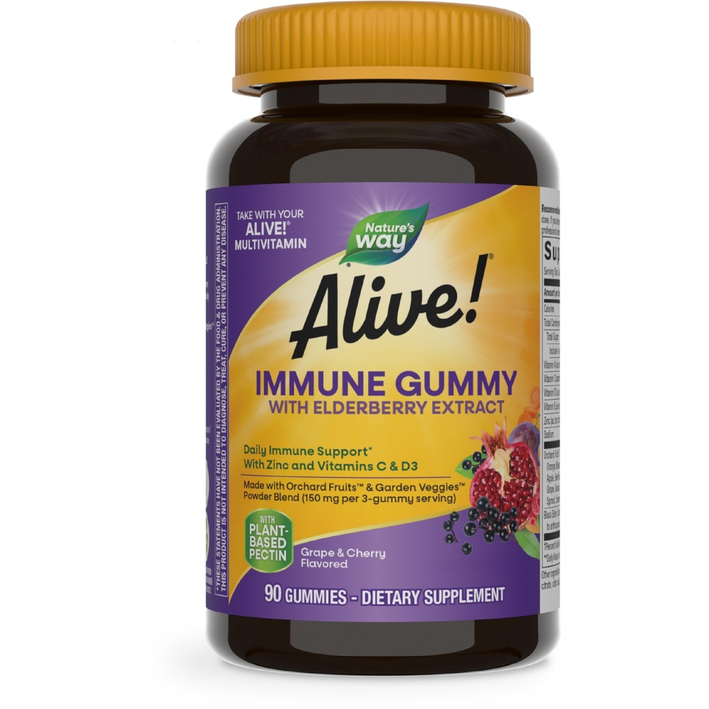 Nature's Way Alive! Immune Support* Gummies with Elderberry Extract, Vitamins C & D3, Zinc, No Gluten, Grape & Cherry Flavored, 90 Vegetarian Gummies (Packaging May Vary)