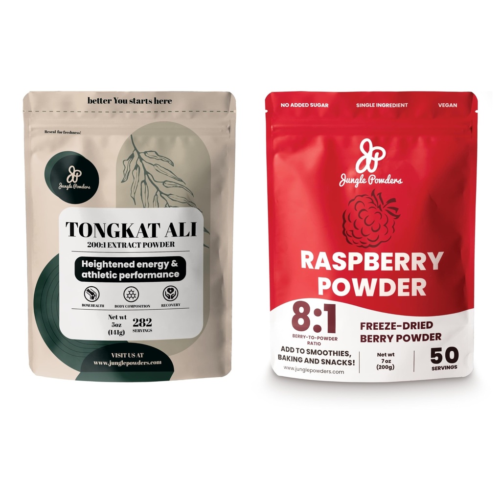 Jungle Powders Premium 5oz Tongkat Ali & Freeze-Dried 7oz Raspberry Bundle - Eurycoma Longifolia Powder Supplement for Men's Health Support gekoppeld aan Unsweeted Red Superfood Extract for Baking