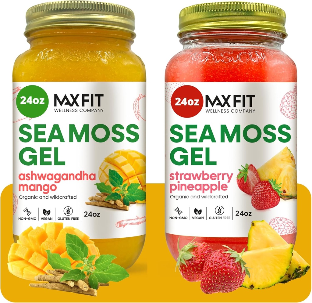 Sea Moss Gel Biologische Raw (Bundel van 2 Jars 24oz) Ashwagandha Mango en Aardbei Ananas Wildsnrafted Gold Sea Moss Gel 