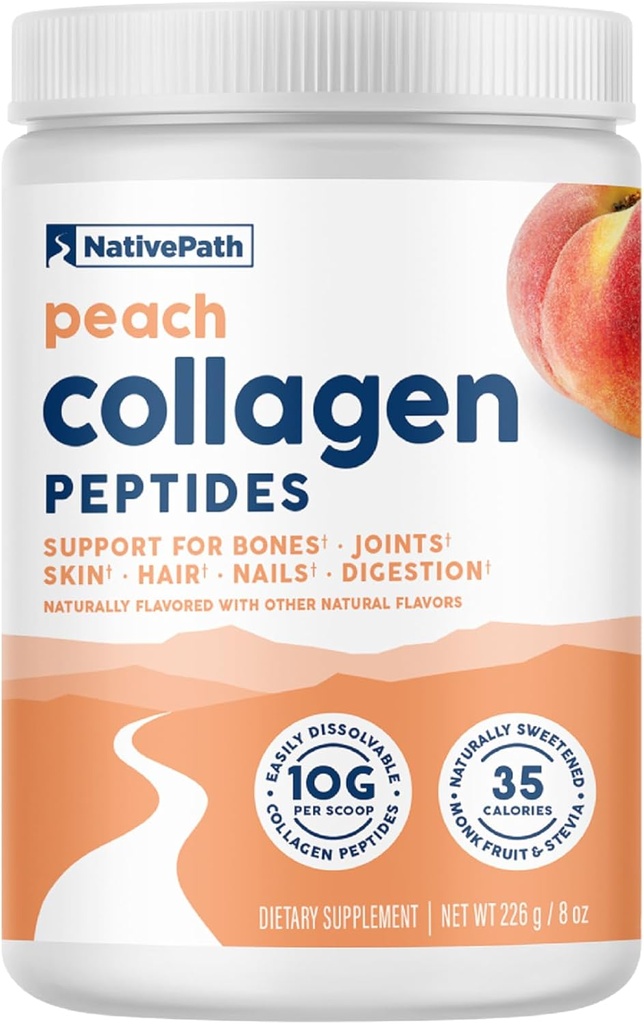 NativePath Collagen Peptides - Hydrolyzed Type 1 & 3 Collagen. Keto & Paleo Grass-Fed Protein Powder for Hair, Skin, Nails, Bones, Joints, Digestion and More - No Gluten or Dairy (Peach, 226g)