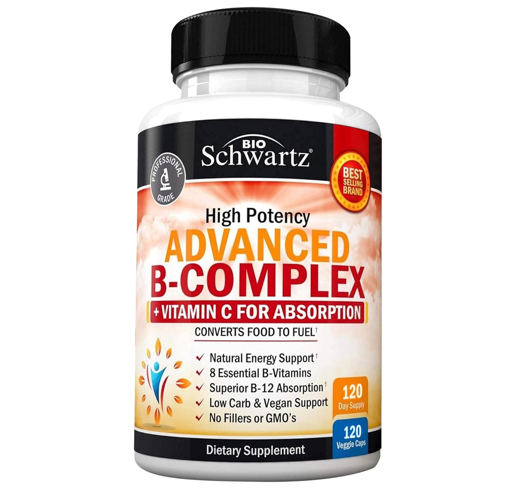 Vitamine B-complex met vitamine C voor maximale absorptie - Methylcobalamine b12 & Folaat Foliumzuursupplement - B1 B2 B3 B5 B6 B7 B9 voor ondersteuning van het immuunsysteem en het zenuwstelsel - Non-GMO, 120 telling
