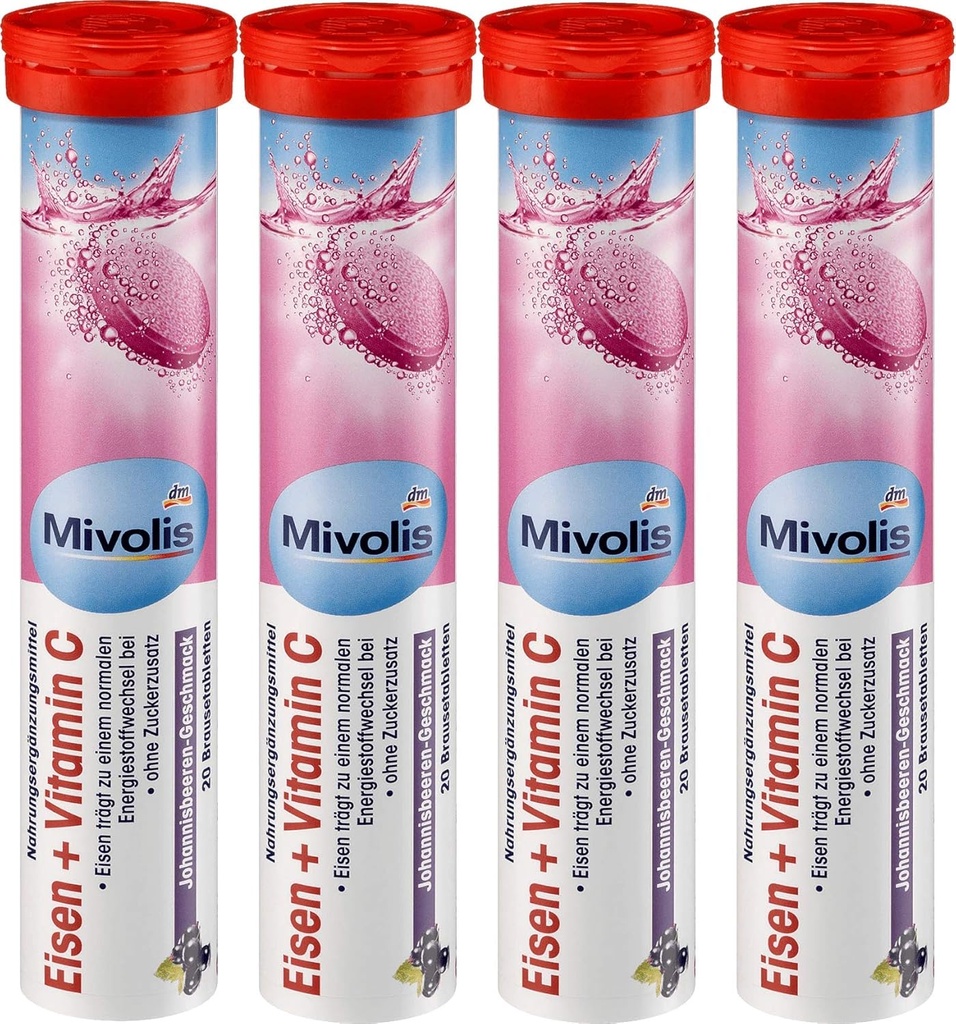Mivolis Iron + Vitamine C bruistabletten - Dieetsupplementen 4 verpakkingen x 20 stuks Duitsland