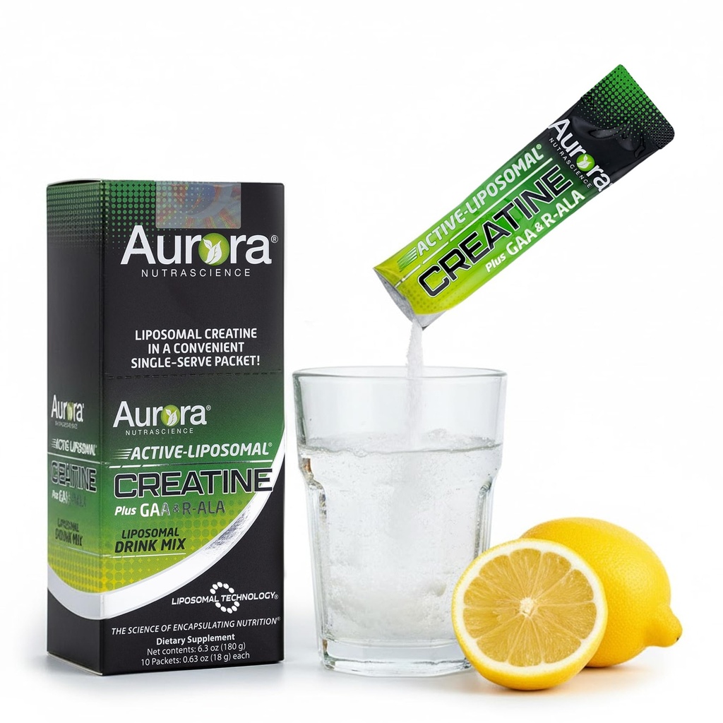Aurora Nutrascience Liposomale Creatine + GAA & R-ALA Lemon Lime Powder Drink Mix, Verhoogde energie, Ondersteunt Oefening Prestaties & Spiergroei voor vrouwen en mannen, 10 Packets