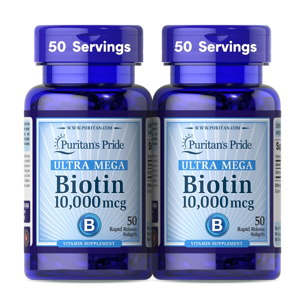 Puritan's Pride Premium Ultra Mega Biotin 10.000mcg, Dieetsupplement voor gezond haar, huid, nagels, en energiemetabolisme ondersteuning, 100 dagen levering, 50 snelle release Softgels, 2 Pack