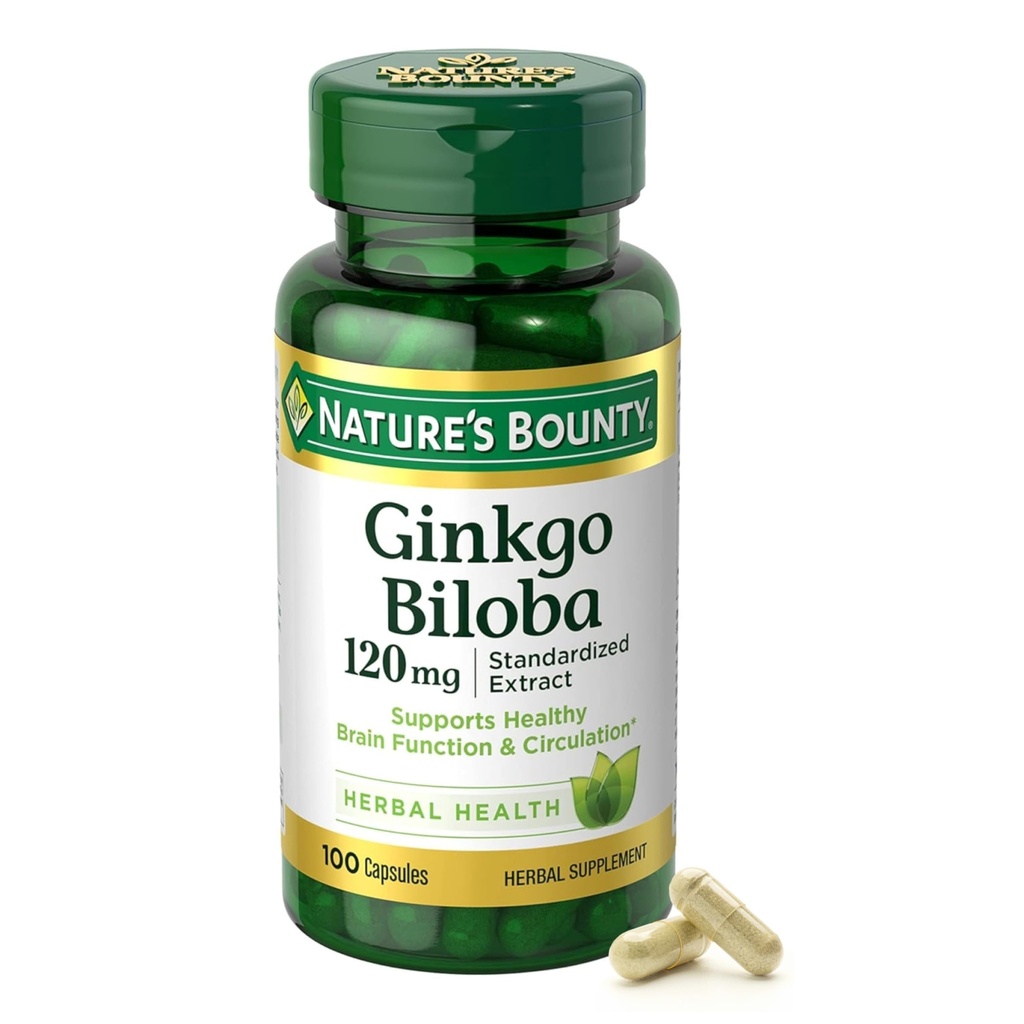 Nature's Bounty Ginkgo Biloba Capsules 120mg, Geheugen Ondersteuning Supplement, Ondersteunt Hersenfunctie en geestelijke alertheid, 100 Capsules