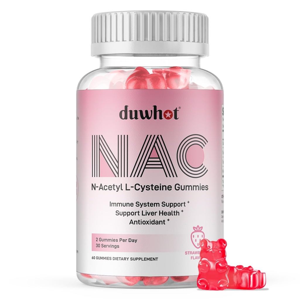 duwhat NAC Gummies 600mg, N Acetyl Cysteine Supplement NAC Kauwbaar voor antioxidanten & Immune Support, Lung & Lever Gezondheid, Natuurlijke Aardbei Smaak, 60ct