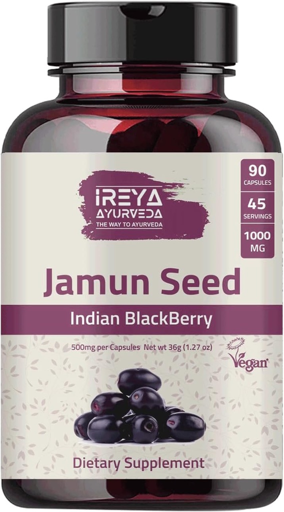 Jamun Seed 1000mg (90 Capsules) - Indian BlackBerry (Eugenia Jambolana) Ayurvedic Herb, 45-dagen levering