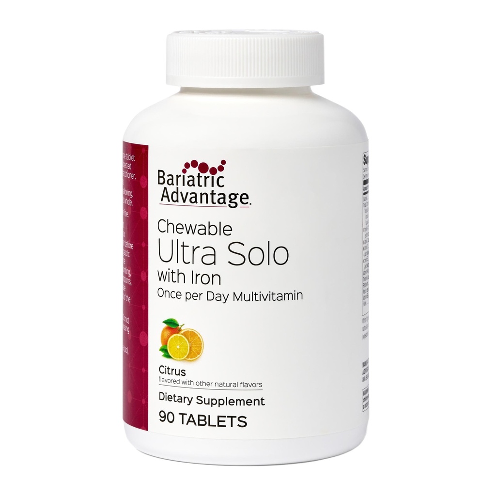 Bariatric Advantage Chewable Ultra Solo with Iron - Once-Per-Day Daily Multivitamin - for Bariatric Patients - with Thiamin, Vitamin A & More - Gluten Free - Citrus - 90 Tablets
