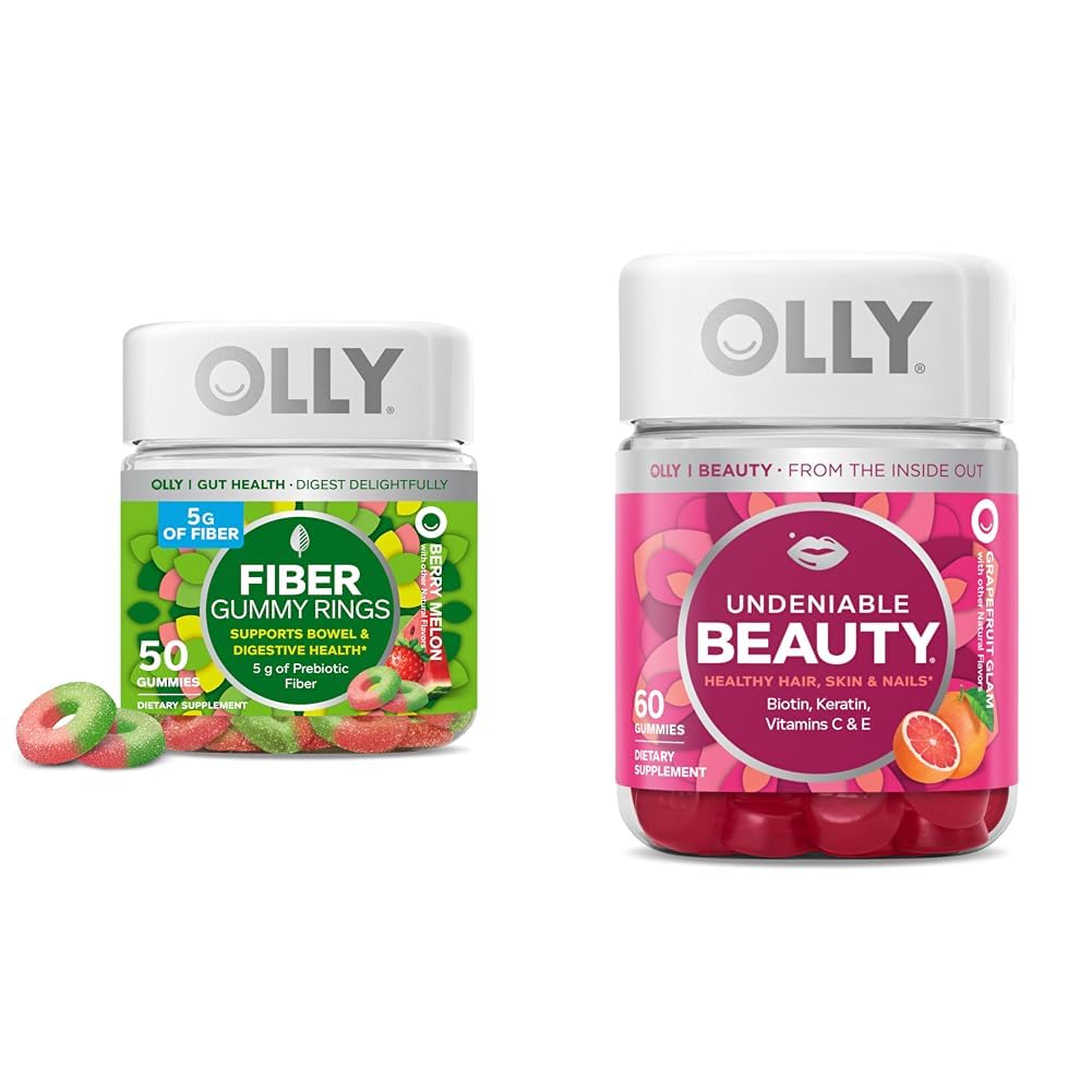 OLLY Fiber Gummy Rings, 5g Prebiotic Fiber, FOS (fructo-oligosacchariden), Digestieve ondersteuning & Undeniable Beauty Gummy, voor haar, huid, nagels, Biotine, Vitamine C, Keratine, Kauwbaar supplement