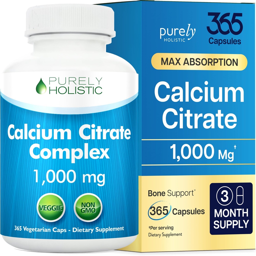 Calcium citraat 1000mg - 365 Vegan Capsules niet Tablets met Toegevoegde Peterselie, Paardenbloem en Waterkers - Zonder Vitamine D - Made in The USA by Purely Holistic