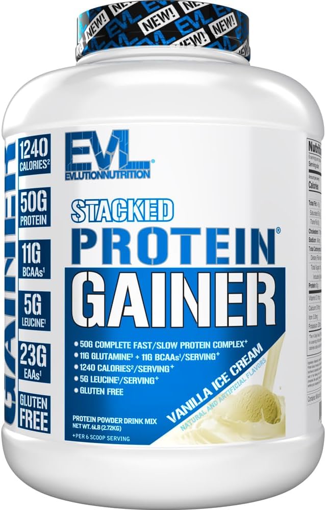 Evlutie Voeding Stacked Protein Gainer, 50 Gram Wei Protein Powder Complex, 251 Gram Koolhydraten, Build Muscle, Recovery, Post Workout, Glutenvrije (Vanilla Ice Cream, 6 LB)
