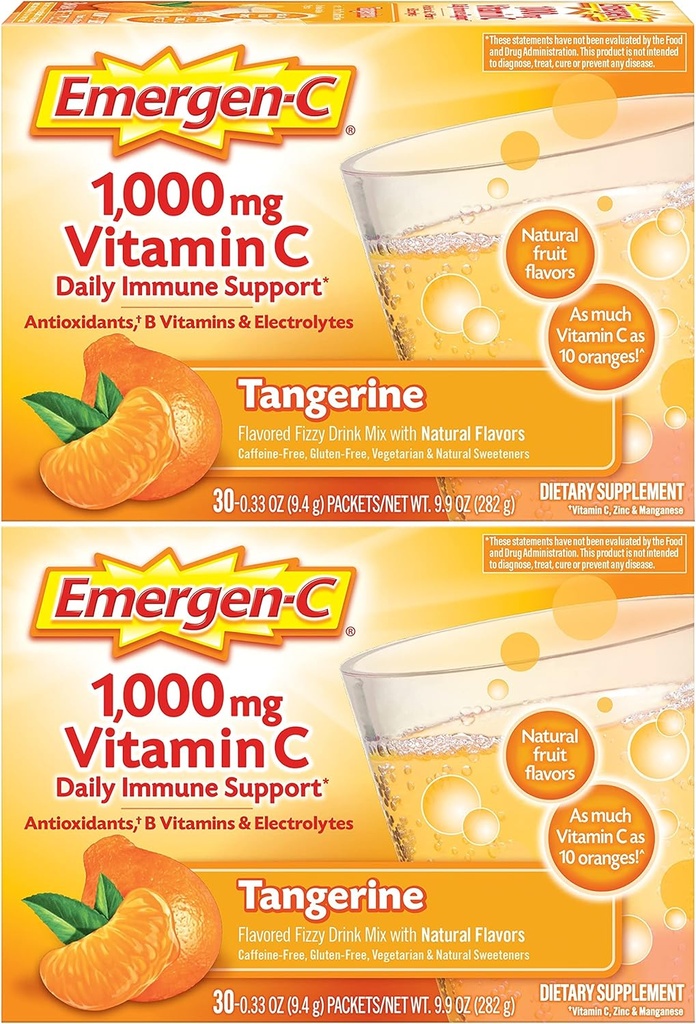 Emergen-C 1000mg vitamine C-poeder, met antioxidanten, B-vitaminen en elektrolyten, vitamine C-supplementen voor Immune Support, Cafeïnevrije drankmix, Tangerine smaak - 60 Count/2 maand levering
