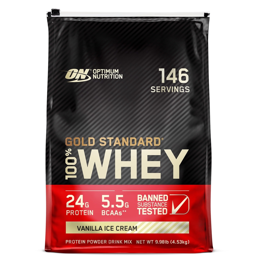 Optimale voeding Gold Standaard 100% Wei Proteïne Poeder, Vanille Ice Cream, 10 pond (Verpakking mei Vary)