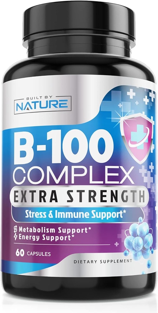 Vitamin B Complex - All B Vitamins B1, B2, B3, B5, B6, B7, B9, B12, Folic Acid, Vitamin C - Super B-100 Supplement - Immune, Energy & Metabolism Support, Vegan, Non-GMO, Gluten Free, 60 Capsules