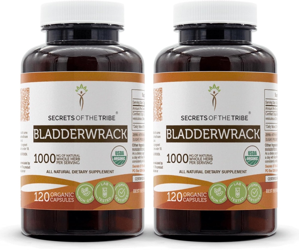 Bladerwrack 120 Capsules(2 st.), 1000 mg, USDA Biologische Bladderwrack (Fucus Vesiculosus) Gedroogde Plant (2x120 capsules)