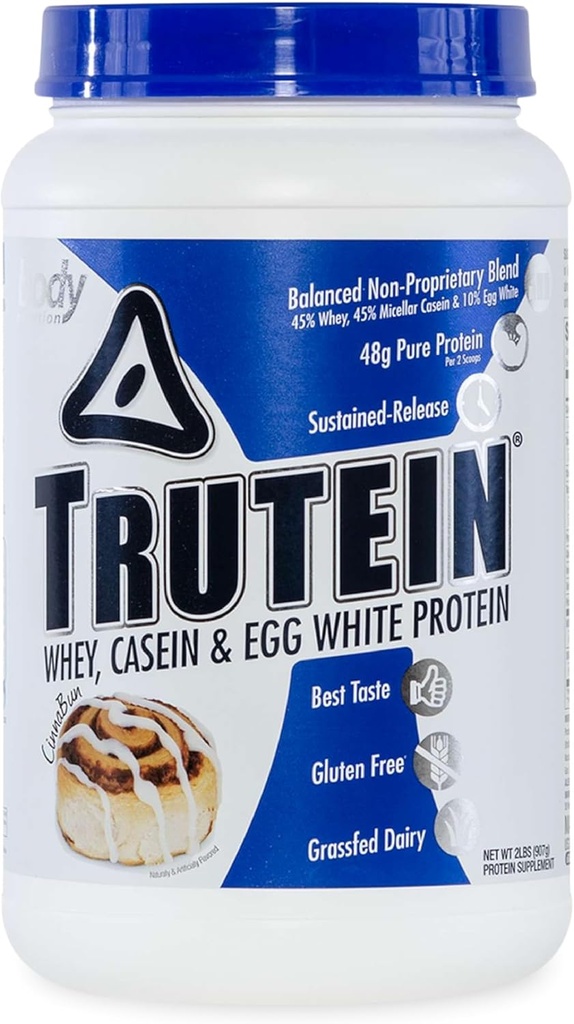 Body Nutrition Trutein High Protein Powder: 45% Wei, 45% Caseïne, 10% Egg White Protein Shake Mix, Glutenvrij, Low Sodium, Low Carb Protein Supplement Powder for Men & Women, Cinnabun, 2lb