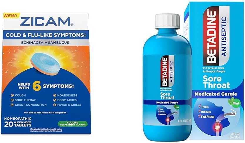 Zicam Cold Symptoms Relief with Betadine Sore Throat Gargle, Echinacea & Sambucus Homeopathic Tablets, 20 Count & 8 FL OZ