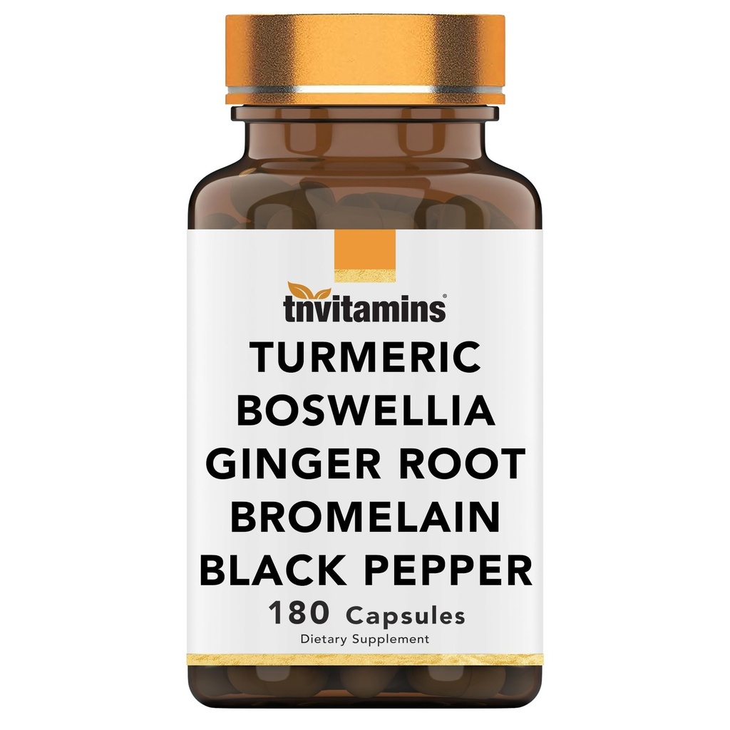 tnvitaminen Kurkuma & Boswellia Complex (180 Capsules) met Gemberwortel, Bromelain, & Black Pepper Extract 