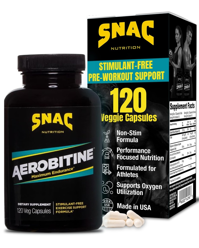 SNAC Aerobitine - Stimulant Free Pre-workout Supplement voor maximale duurzaamheid. Nitric Oxide Booster, verbetert de bloedstroom, vermindert vermoeidheid en thermogene voordelen. 120 Veggie Capsules