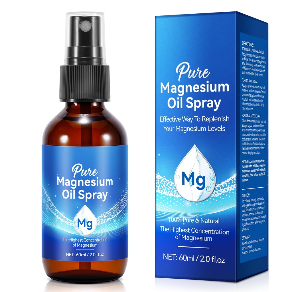 Magnesium Oil Spray - Pure Magnesium - Spray Magnesium for Feet & Sleep (2.02 Fl Oz), Blue | Natural Formula, Magnesium Oil Body Care, Easy to Absorb and Soothe