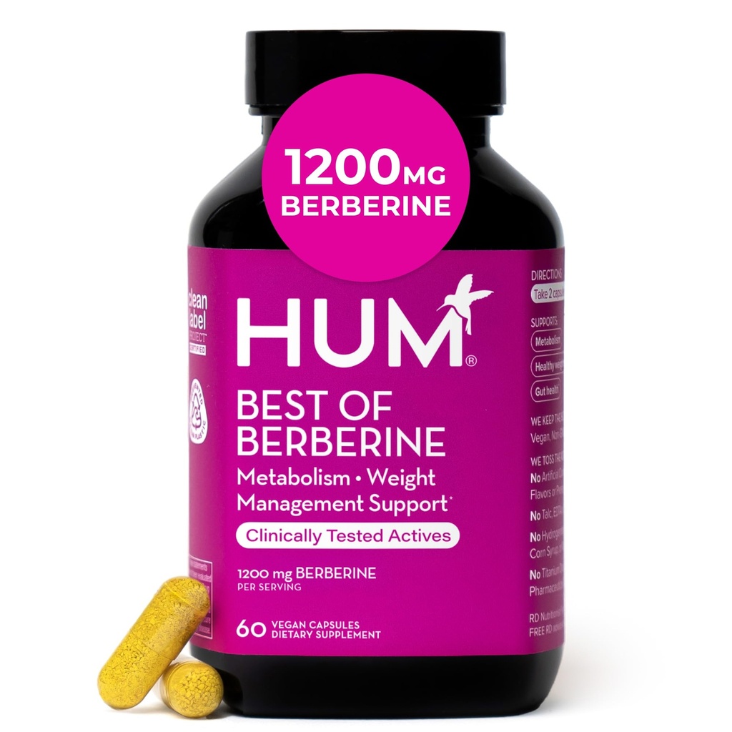 HUM Beste van Berberine Supplement 1200mg, Pure Potentie voor Metabole Wellness, Gut Health, Pure Berberine Supplementen verbeterd met BioPerine voor maximale absorptie, 60 capsules
