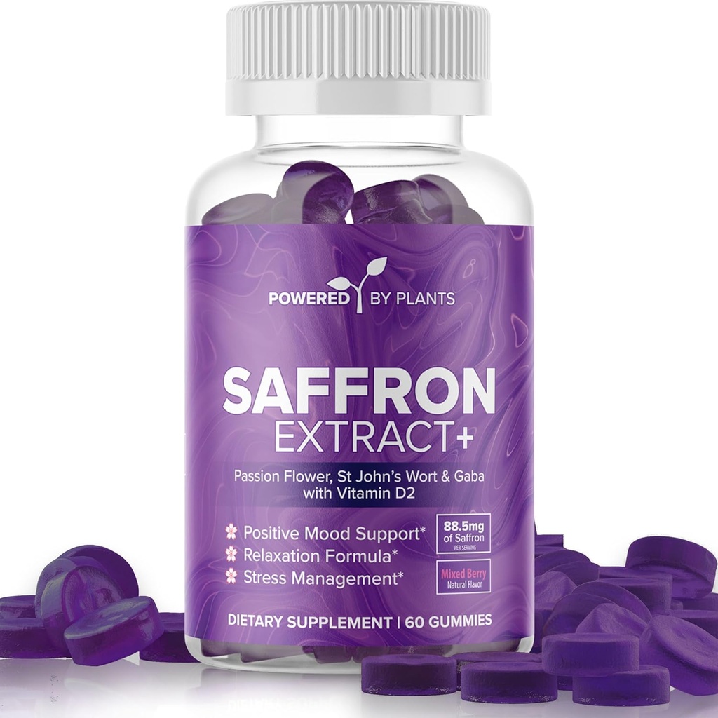 Saffraan extract Gummies met passiebloem en vitamine D2 - Saffraansupplementen voor Mood Support, Digestie, & Energy 60 Servers
